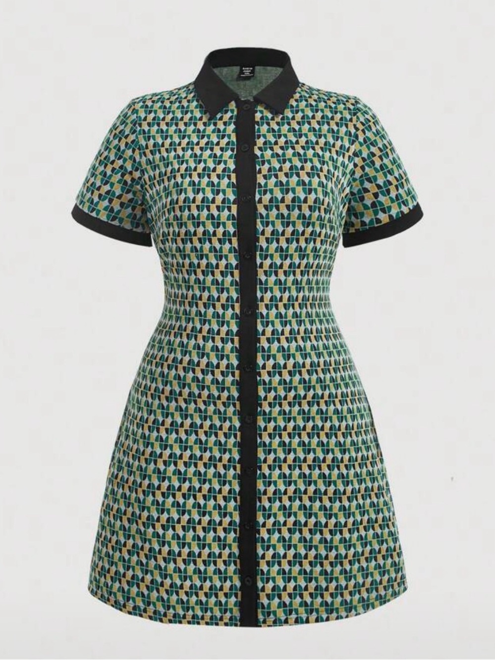 SHEIN Green Teal Geometric Mini Dress with Black Trim